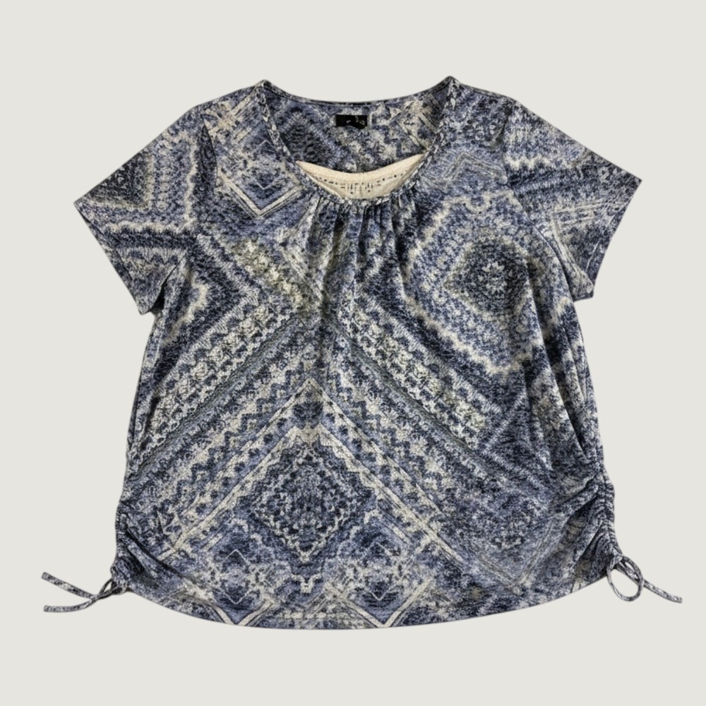 Erika Sawyer Blue White Geometric Tile Print Cinched Side Tee 2X ETKW-09213